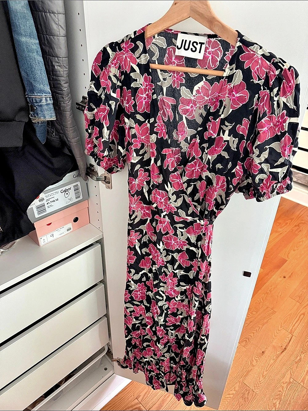 JUST Floral Midi Dress in Black & Pink Like New